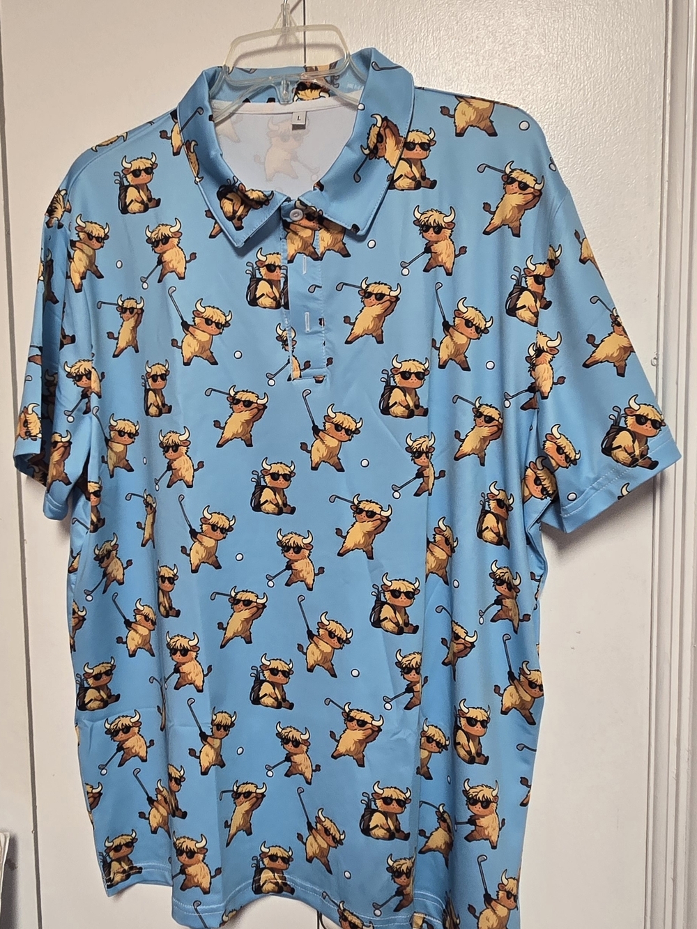Funny Highland Cow Golf Polo Shirt Men’s Large Blue Novelty Print Polyester